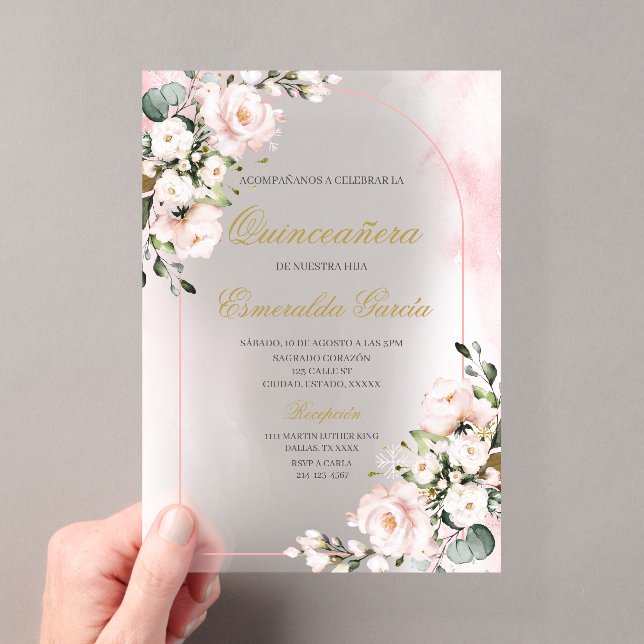Invitations En Acrylique Pink floral quinceañera (In situ (ordinateur de poche))