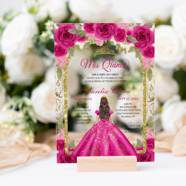 Invitations En Acrylique Pink Magenta Floral Princess Arc Or Quinceanera (Créateur téléchargé)