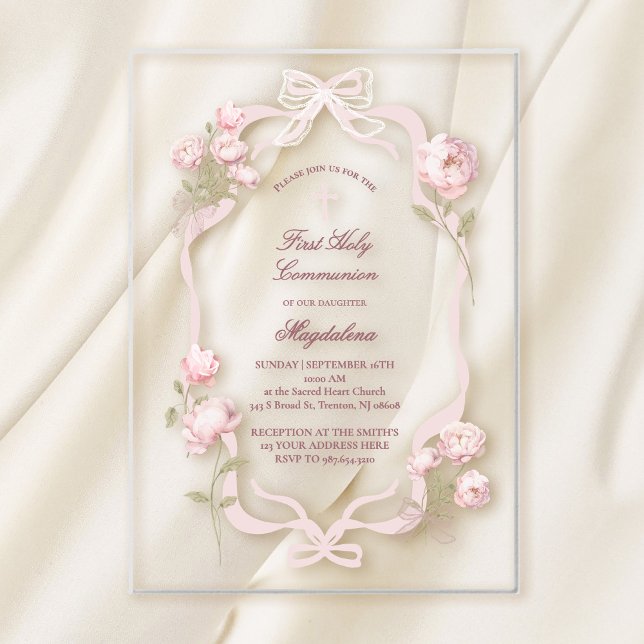 Invitations En Acrylique pink peonies First Holy Communion girl (Créateur téléchargé)