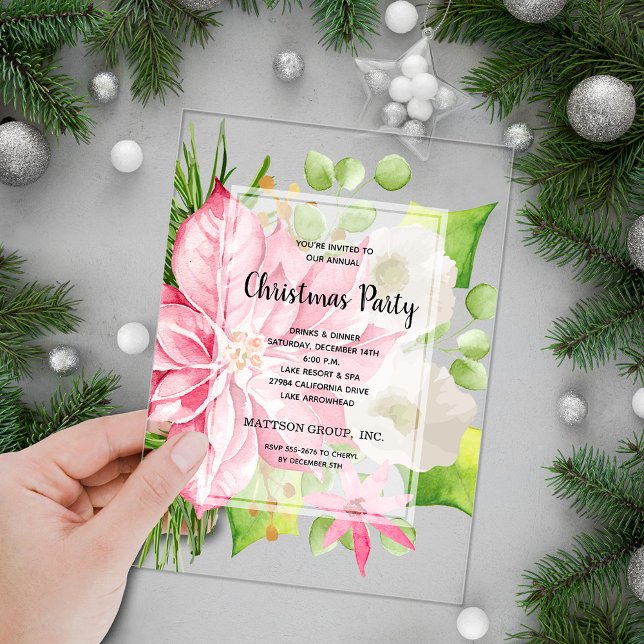 Invitations En Acrylique Pink Poinsettia Fête de Noël (Pink poinsettia floral Christmas holiday ACRYLIC party invitations)