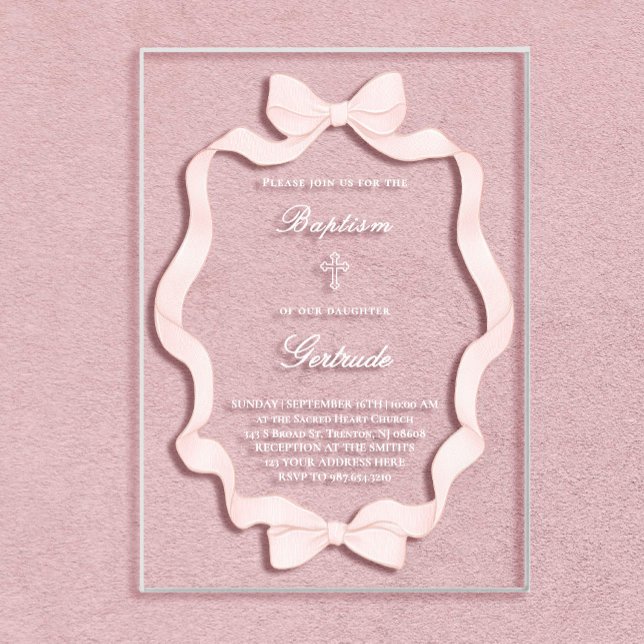 Invitations En Acrylique  pink ribbon frame Baptism  (Créateur téléchargé)