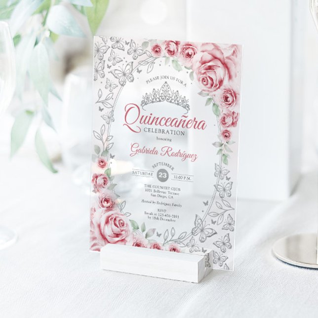 Invitations En Acrylique Pink Silver Floral Quinceanera (Créateur téléchargé)