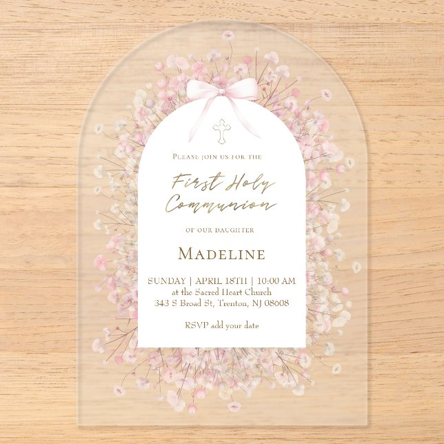 Invitations En Acrylique pink white flowers  First Communion (Recto)