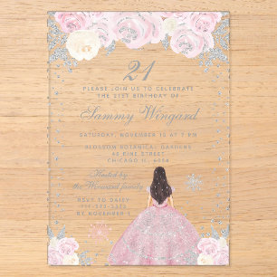 Invitations En Acrylique Pink Winter Brunette Hair Princesse Anniversaire