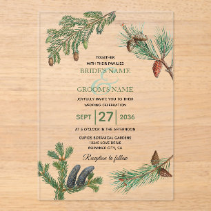 Invitations En Acrylique Pins rustiques Mariage de verdure forestière