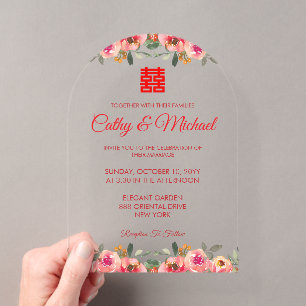 Invitations En Acrylique Pivoine rouge florale mariage chinois double bonhe