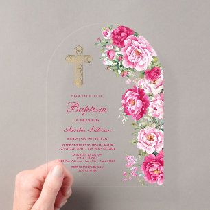 Invitations En Acrylique Pivoines Rose Chaud Arche Baptême