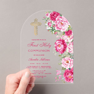 Invitations En Acrylique Pivoines rose chaud pour la première communion