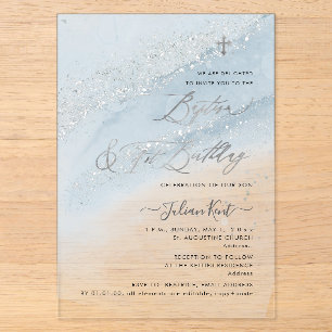 Invitations En Acrylique PixDezines Baptême Bleu Poussiéreux Argent +1er An