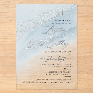 Invitations En Acrylique PixDezines Baptême Bleu Poussiéreux Argent +1er An
