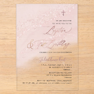 Invitations En Acrylique PixDezines Baptême Rose Gold + 1er Anniversaire