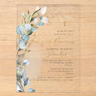 Invitations En Acrylique PixDezines H2 Bleu Poussiéreux Feuillage Eucalyptu