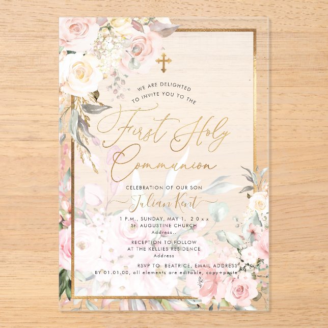 Invitations En Acrylique PixDezines H2 Blush Roses First Holy Communion (Recto)