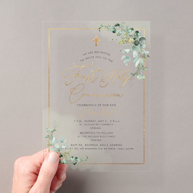 Invitations En Acrylique PixDezines H2 Eucalyptus First Holy Communion Invi (In situ (ordinateur de poche))
