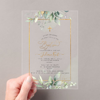 Invitations En Acrylique PixDezines H2 Green Gold Eucalyptus Baptism