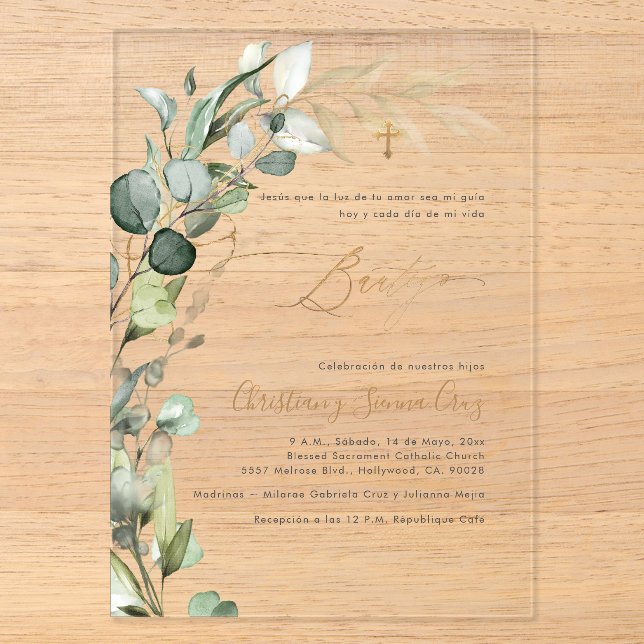 Invitations En Acrylique PixDezines H2 Greenery Gum Foliage Bautizo (Recto)