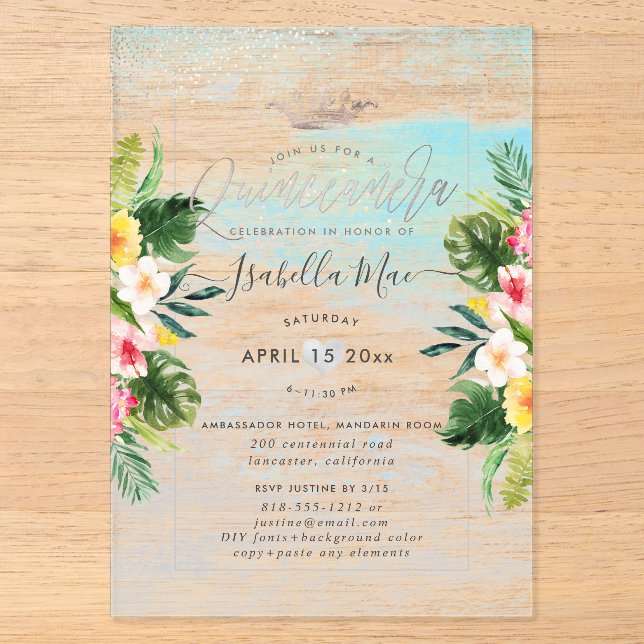 Invitations En Acrylique PixDezines Tropical Flowers+Beach Quinceanera (Recto)