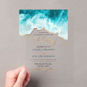 Invitations En Acrylique PixDezines Vagues Marines Rivage Mariage sur la Pl