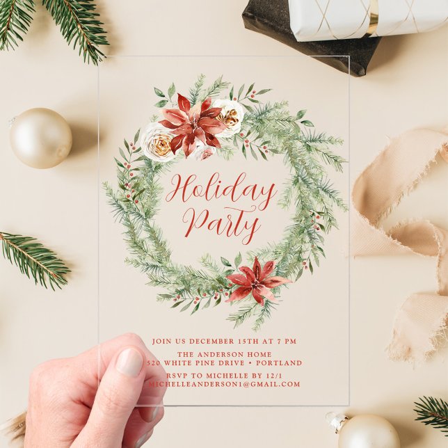 Invitations En Acrylique Poinsettias et Fête de Vacances verdoyantes (Créateur téléchargé)