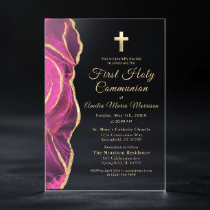 Invitations En Acrylique Porte d'or rose Première Sainte Communion Fille