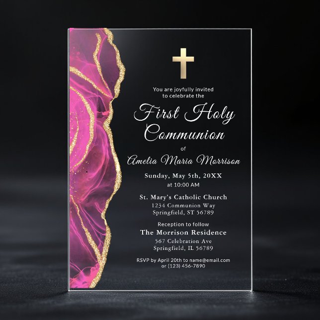 Invitations En Acrylique Porte d'or rose Première Sainte Communion Fille (Créateur téléchargé)