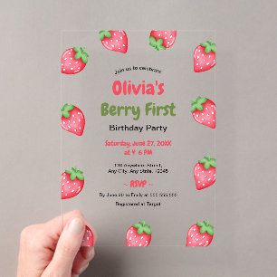 Invitations En Acrylique Premier anniversaire de Berry Strawberry 1er anniv