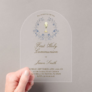 Invitations En Acrylique Premier feuillage bleu calice de la Communion