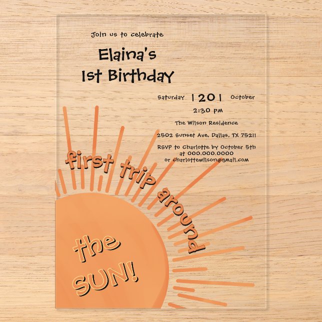 Invitations En Acrylique Premier Voyage Autour Du Soleil 1Er Anniversaire (Recto)