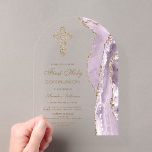 Invitations En Acrylique Première communion Agate Lilas Poussiéreux