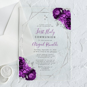 Invitations En Acrylique Première communion cadre argent floral violet
