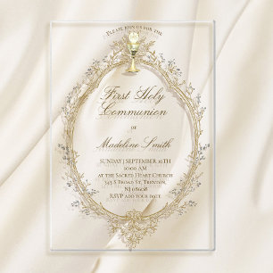 Invitations En Acrylique première communion cadre beige