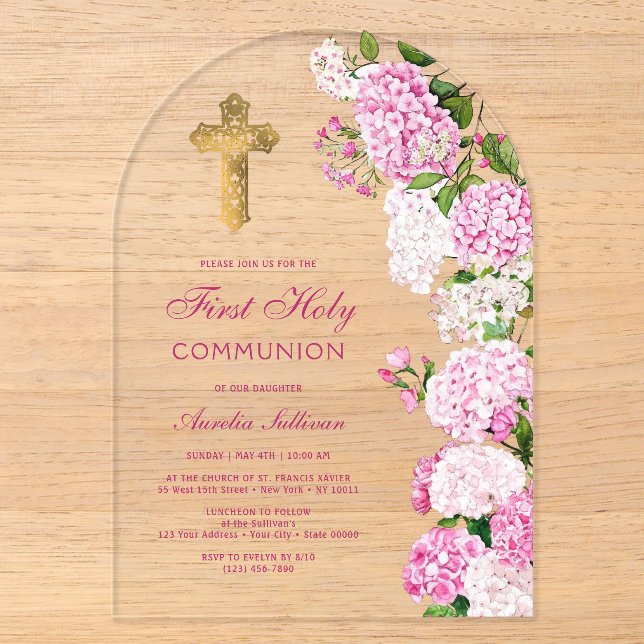 Invitations En Acrylique Première communion d'Arc d'Hydrangée rose (Recto)