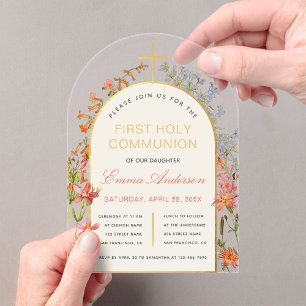 Invitations En Acrylique Première communion fille or arc fleurs sauvages fl