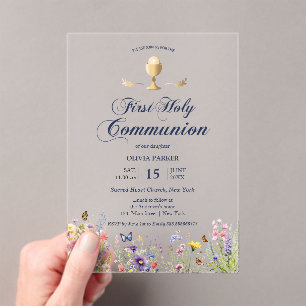 Invitations En Acrylique Première communion fleurie de printemps Élégante i