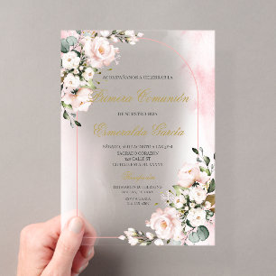 Invitations En Acrylique Première communion florale rose acrylique en espag