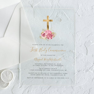 Invitations En Acrylique Première communion Florale Rose Croix Or