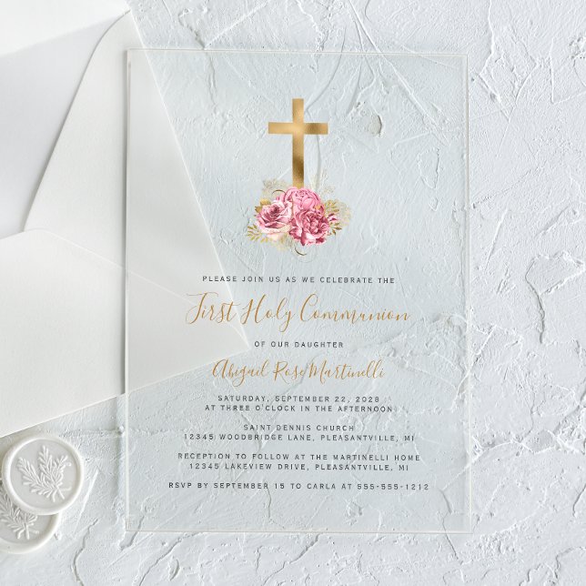 Invitations En Acrylique Première communion Florale Rose Croix Or (Créateur téléchargé)