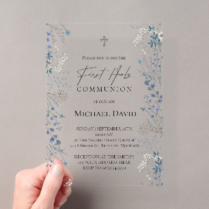 Invitations En Acrylique Première communion petites fleurs aquarelle bleues