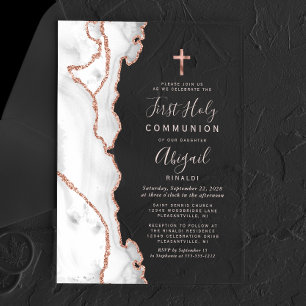 Invitations En Acrylique Première communion Rose Or Grise Agate Rose