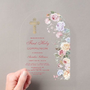 Invitations En Acrylique Première communion sous les roses