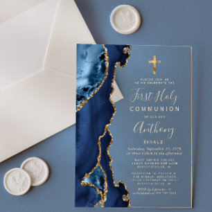 Invitations En Acrylique Première communion texte bleu or agate géode