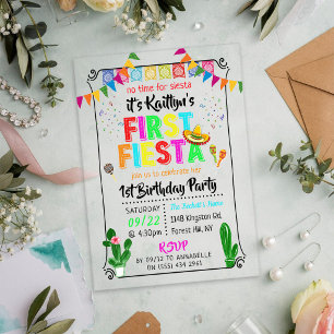 Invitations En Acrylique Première Fiesta Anniversaire Coloré Mexicain de 1