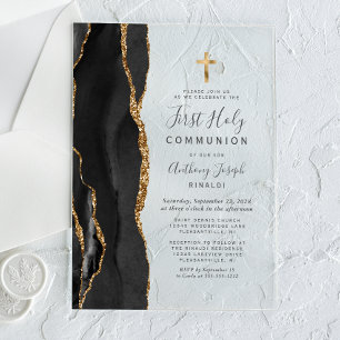 Invitations En Acrylique Première Sainte Communion à paillettes d'or en Aga