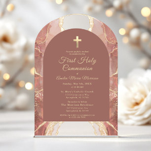 Invitations En Acrylique Première Sainte Communion Bush Pink Gold Agate