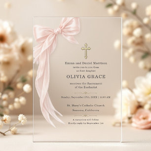Invitations En Acrylique Première Sainte Communion Fille au Nœud Coquette R