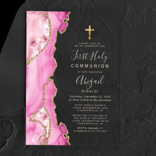 Invitations En Acrylique Première Sainte Communion Fille Texte Or Agate Ros