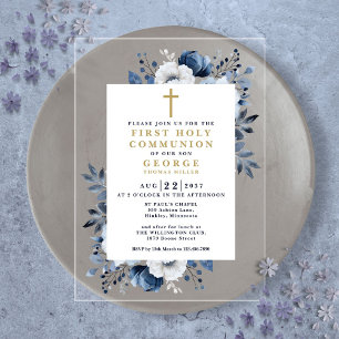 Invitations En Acrylique Première Sainte Communion Florale Bleu Marine Bota