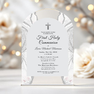Invitations En Acrylique Première Sainte Communion Garçon Agate Blanc Argen