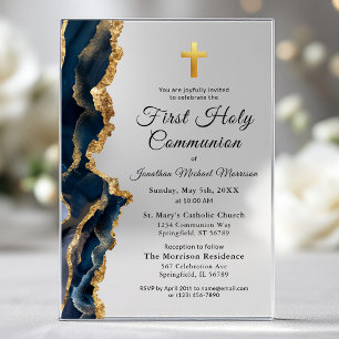 Invitations En Acrylique Première Sainte Communion Garçon Agate Bleue Or