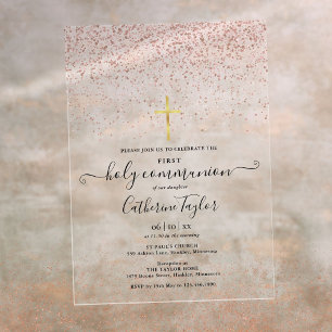 Invitations En Acrylique Première Sainte Communion Paillettes Or Rose Moder